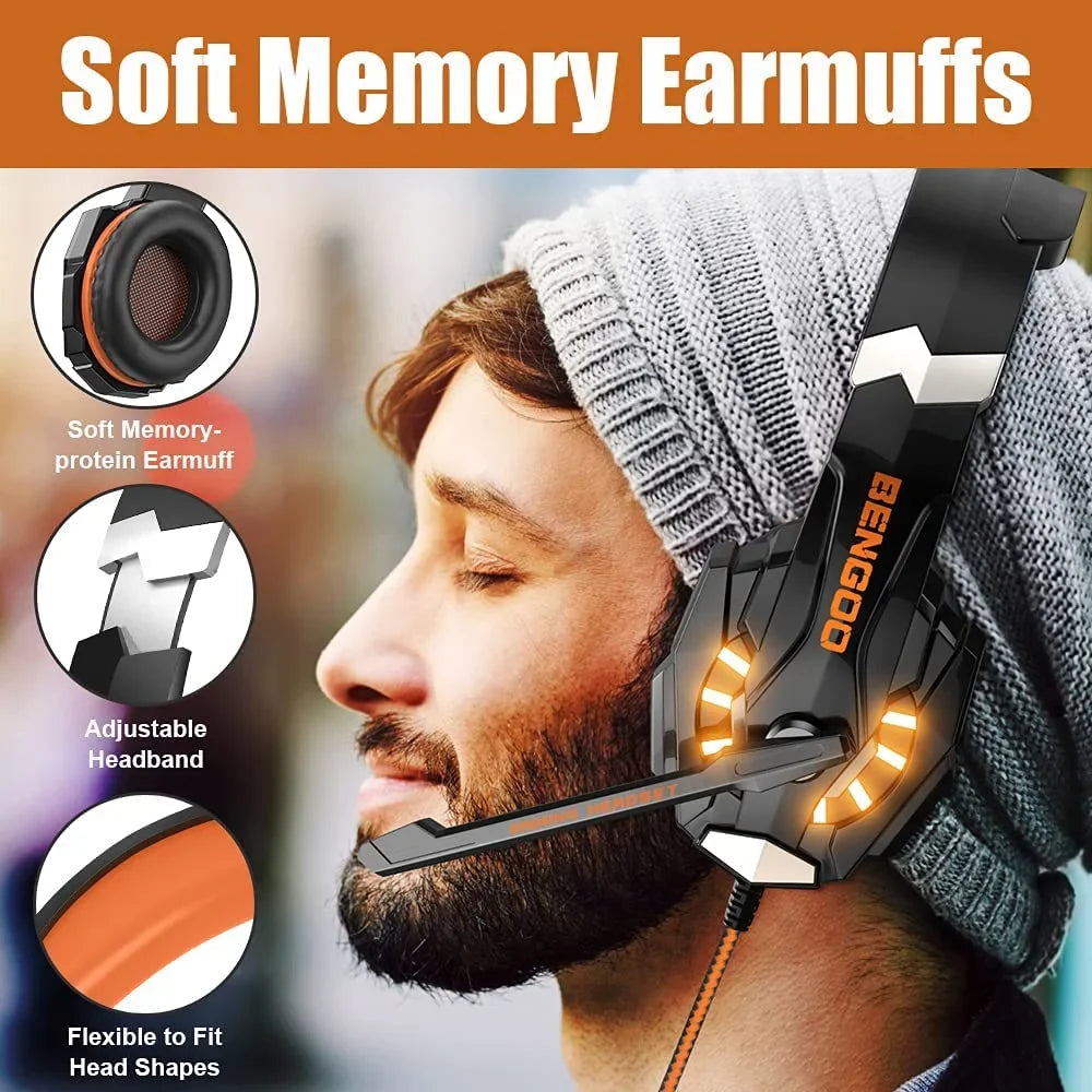 Over One Soft Bass Gaming Xbox PC, for Memory with G9000 Cancelling Noise Mic, Headset Controller, Surround, PS4, Headphones Ear Earmuffs Light, LED Stereo (Orange) BENGOO