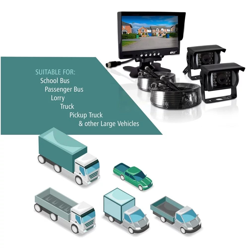 Rearview Video Commercial System, Dual & 2 Van Monitor, Weatherproof Bus, DC Cameras, Camera for Monitor Backup 12-24V Grade, Trailer, Truck, 7"