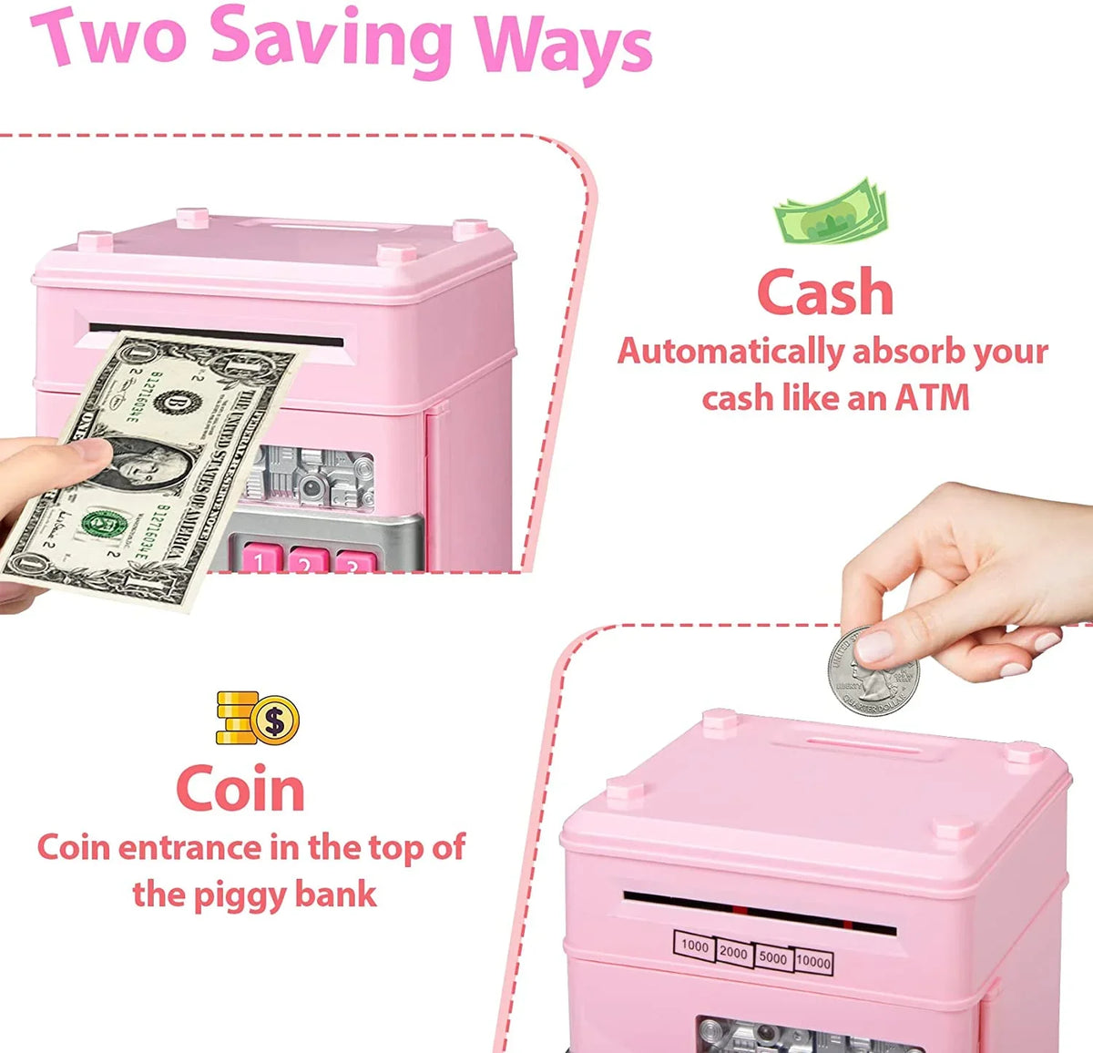 Gifts Digital (Pink/Silver) Money Kids Money ATM ATM Savings Real Kids Coin Password Saving Bank Cash for Piggy Girls Toy Boys Bank Mini Electronic Box Adult Savings Safe Machine