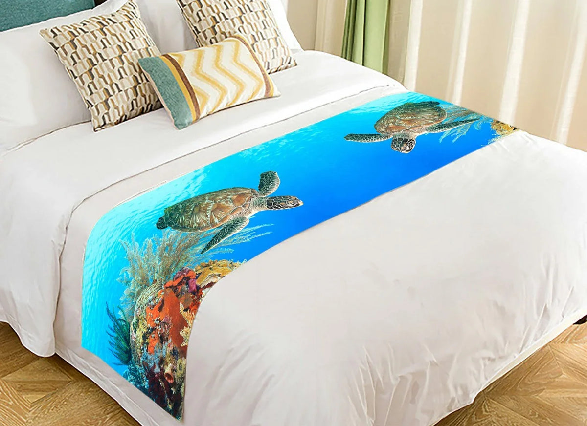 Scarves GCKG Bed Sea Runners Runner, Coral 20x95 Decoration Bed inch Underwater Reef Ocean Bed Turtle World and