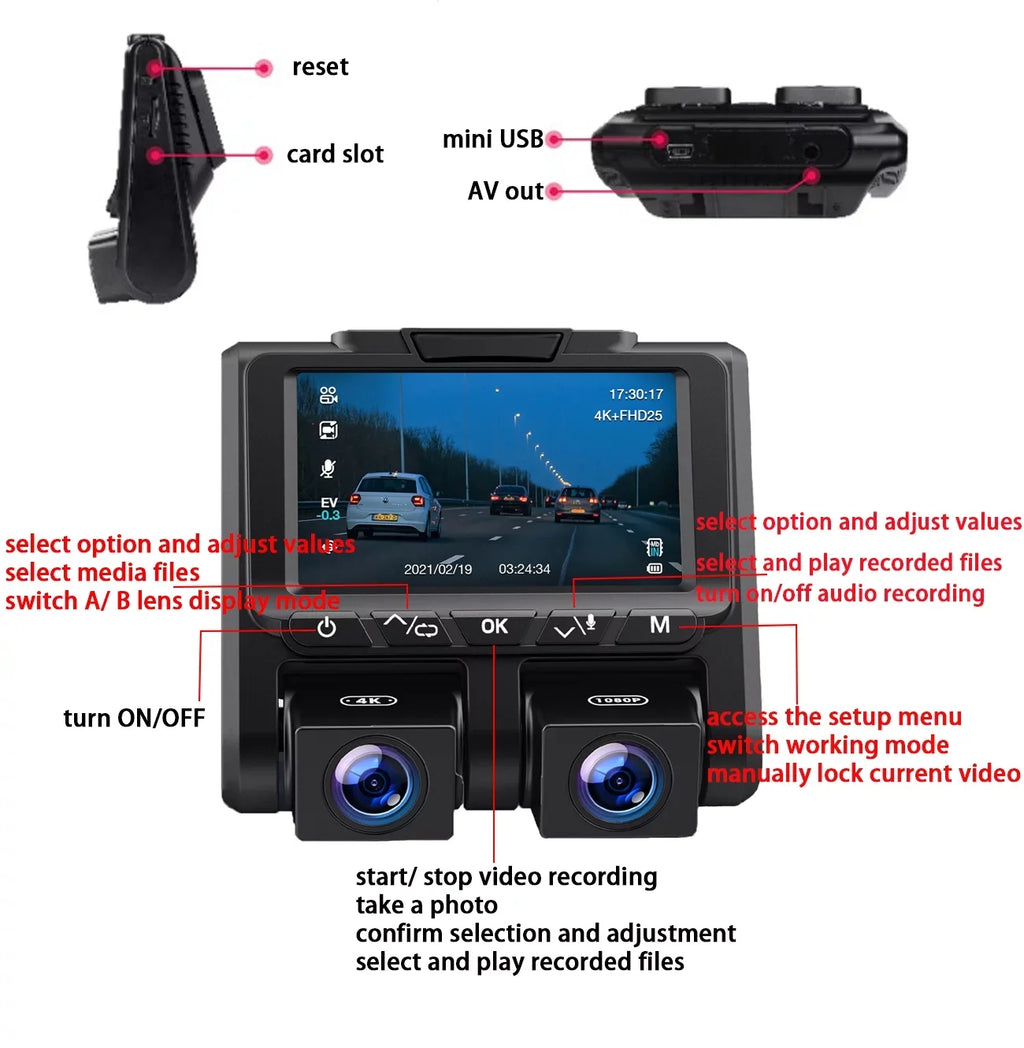 Full Dash TOGUARD Black HD LCD Camera 3" and Car Dashboard Dual Dash Cams 1080P+1080P Inside Camera Cam, Front