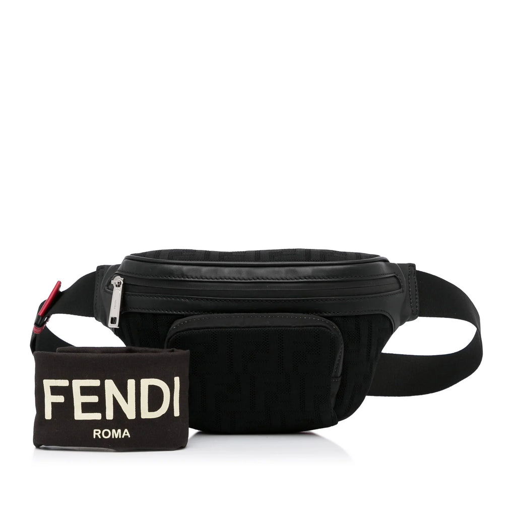 Grace Knit Vitello Neoprene Pre-Owned Bag Black Fabric FF Pocket Unisex Fendi (Good) Authenticated Perforated Belt