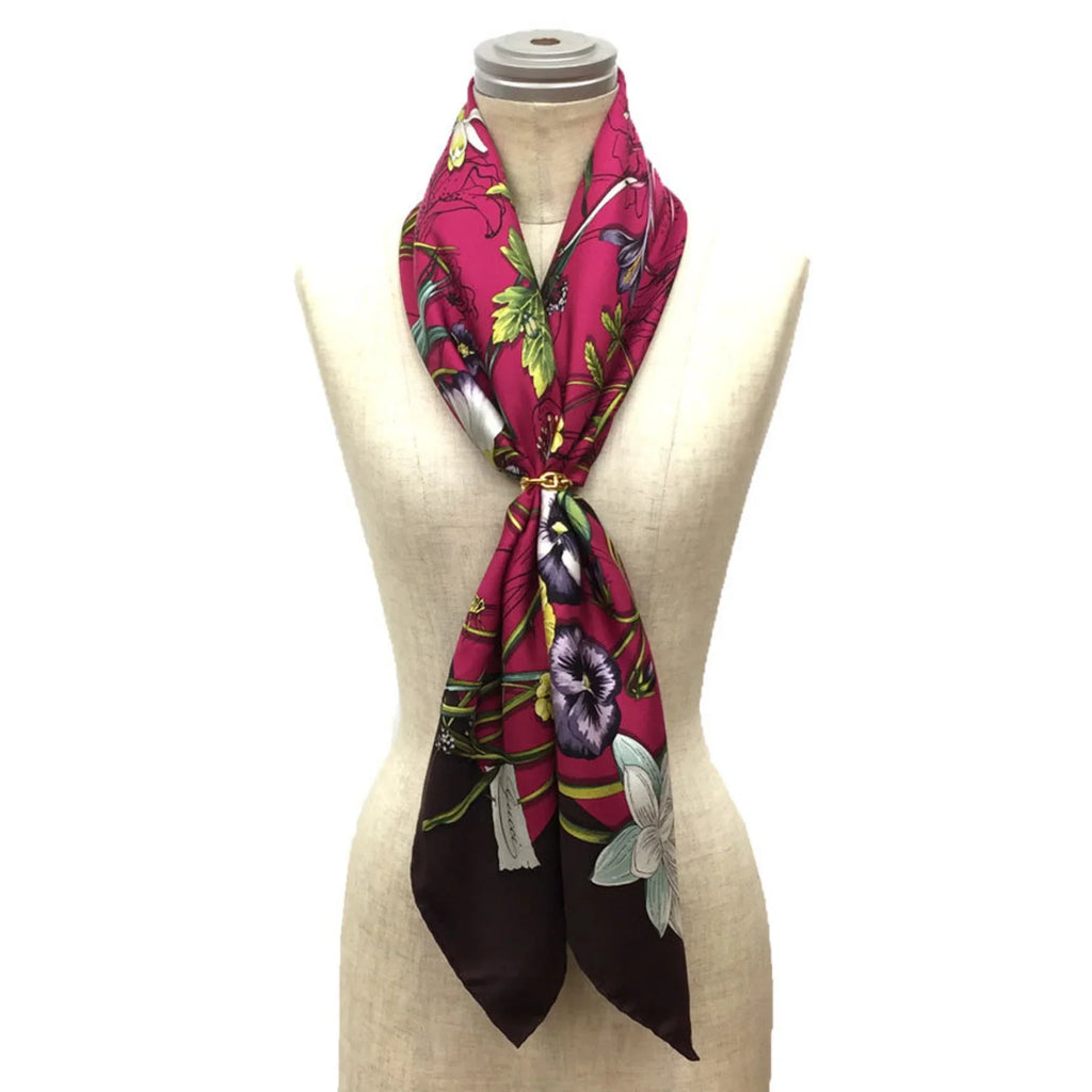 Pre-Owned (Like Large Carre New) 100% Flower Pink x Muffler Flora Print Silk Bordeaux Scarf aq9410