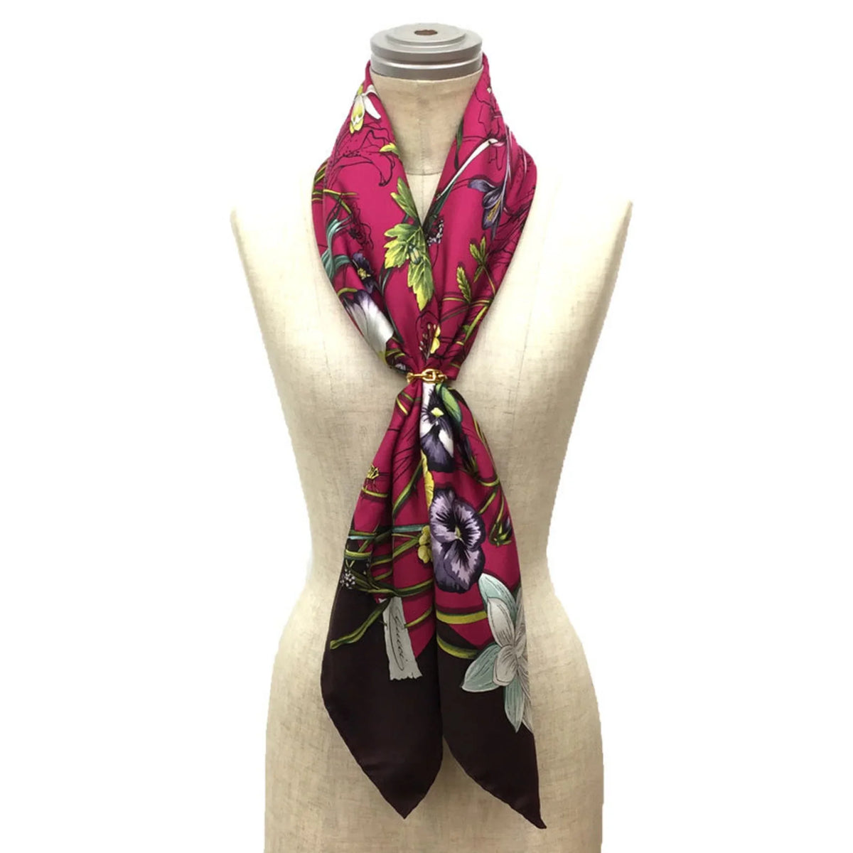 Pre-Owned (Like Large Carre New) 100% Flower Pink x Muffler Flora Print Silk Bordeaux Scarf aq9410