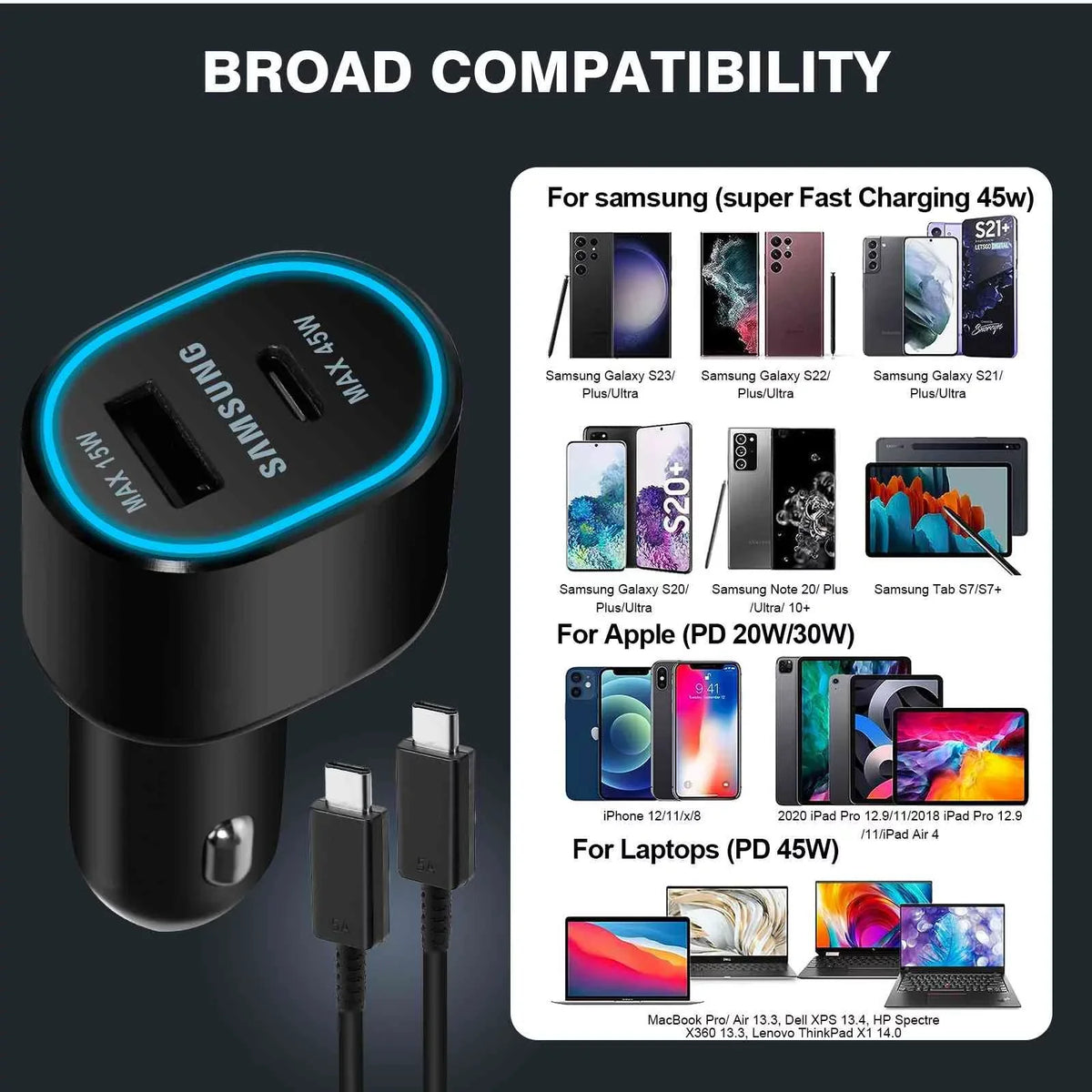 Black Ports Dual Charger Y700 EP-L5300 Usb (45W+15W) Lenovo (2023) Legion Two Car for Fast Super