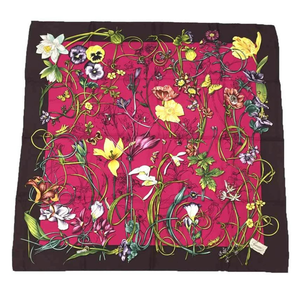 Pre-Owned (Like Large Carre New) 100% Flower Pink x Muffler Flora Print Silk Bordeaux Scarf aq9410