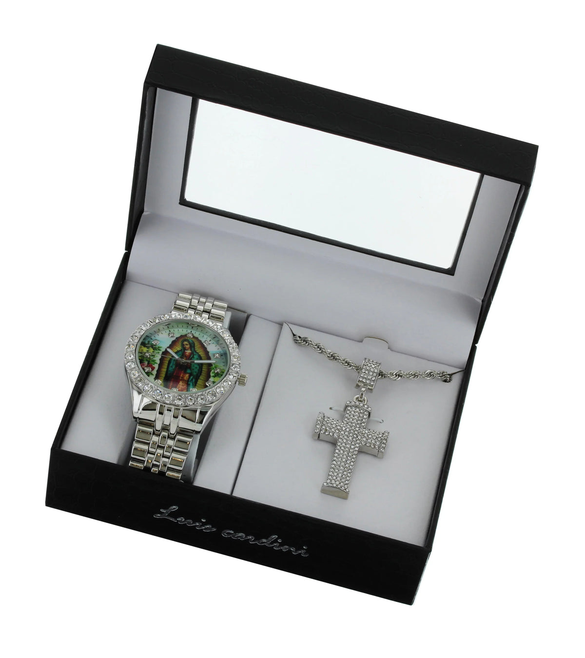 Cross Pendent of Metal Watch Bracelet Neckless with Silver-Tone Lady and Set Men's Our Guadalupe