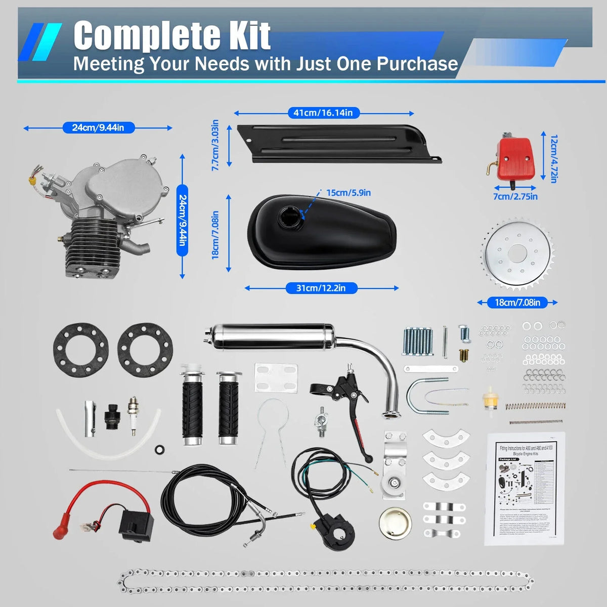 Bicycle Bike Gas Set 2-Stroke Tooth Kit Kit Bicycle Engine Full Engine 100CC (44 DIY Sprocket) Conversion Motor Motor Kit Upgrade Motorized Bike Petrol