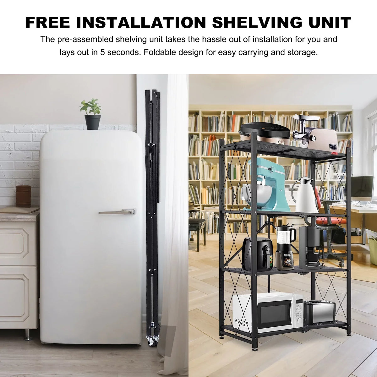 Office Cart Organizer, & - Shelf Kitchen for with Collapsible Storage Pantry Shelving Closet Decor Storage Shelves, Books Room Black Rolling 4-Tier - Unit Foldable Wheels Metal Display,