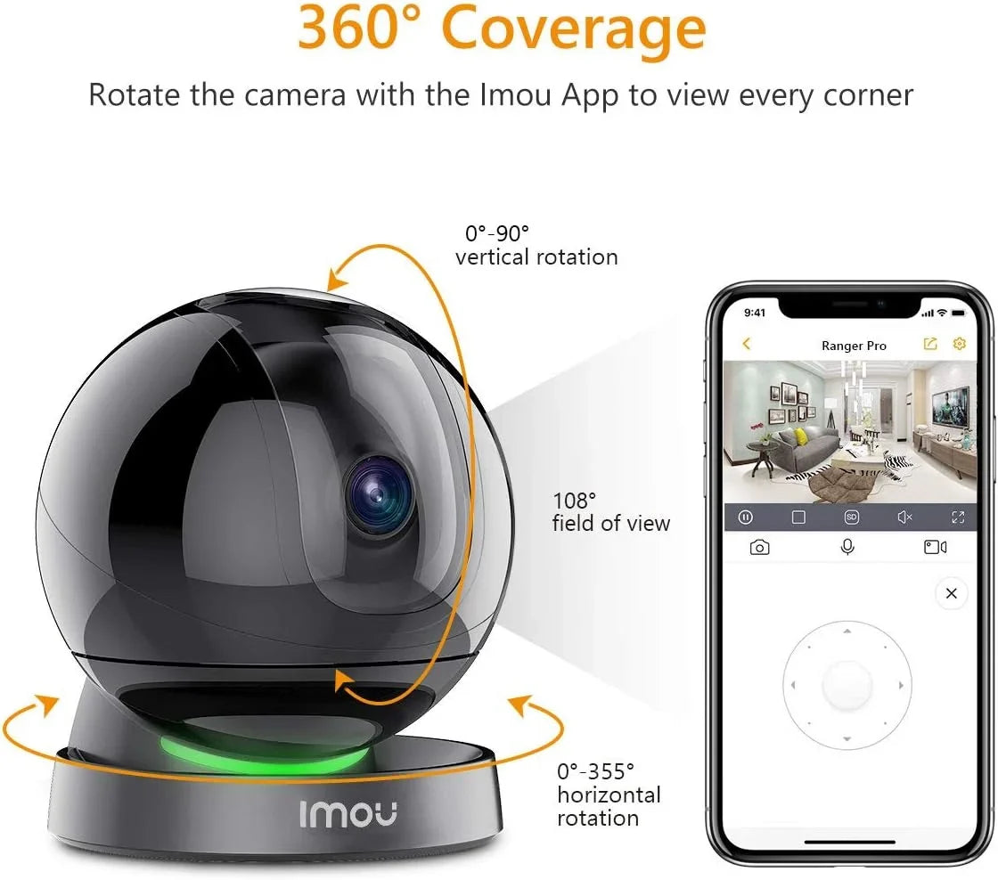 Spotlight Audio, Night Port, Smart Indoor Rex Detection, Sound & Tracking, Camera Camera 360 (2.4G 2MP Camera Vision, 1080P WiFi with Imou and Security 2-Way Siren Ethernet Only) Smart View Degree