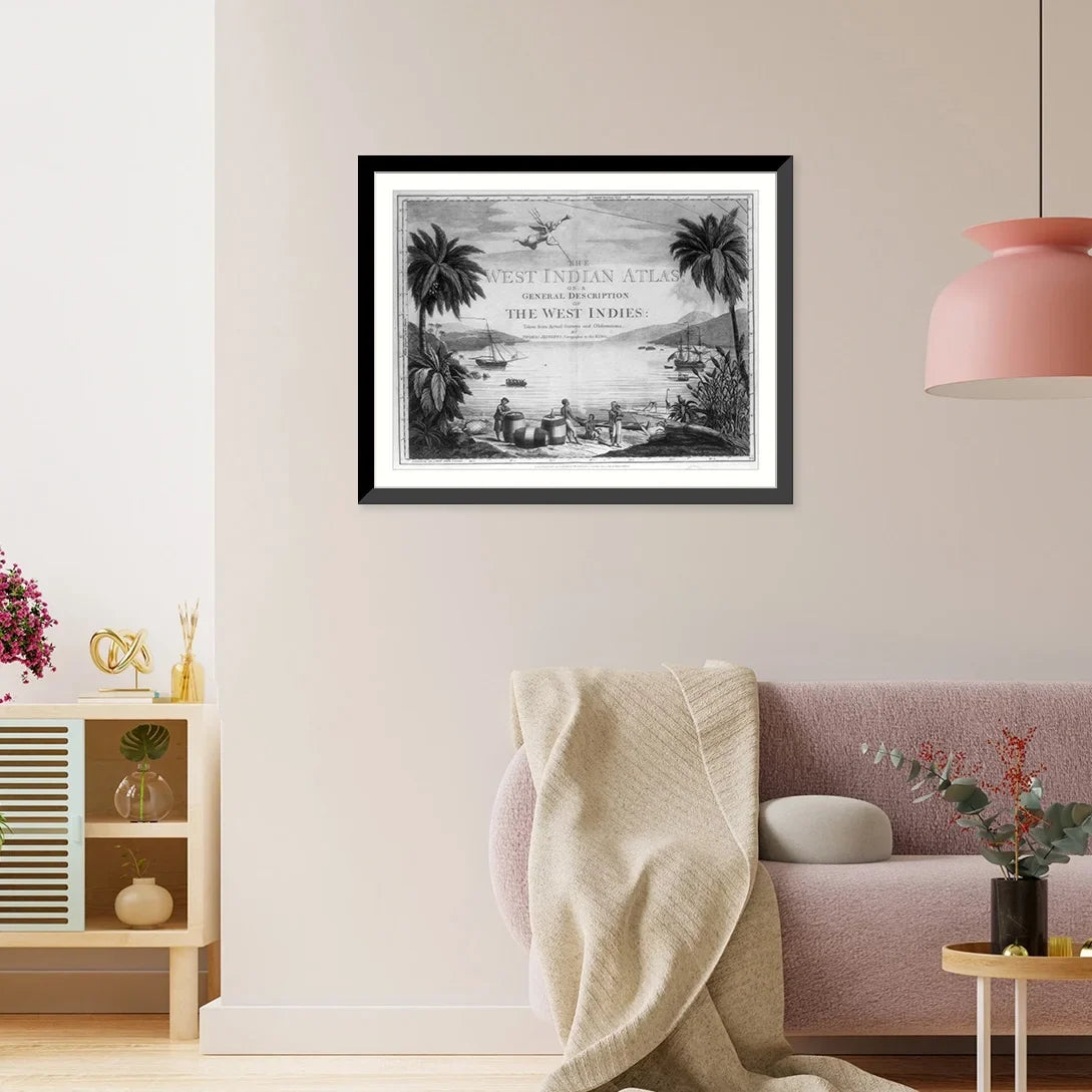 and x Historic British ships harbor], Indies two a Natives in Framed the and large scene [A West three in sailor showing casks, beach 17-7/8" the 21-7/8" Print, with the on