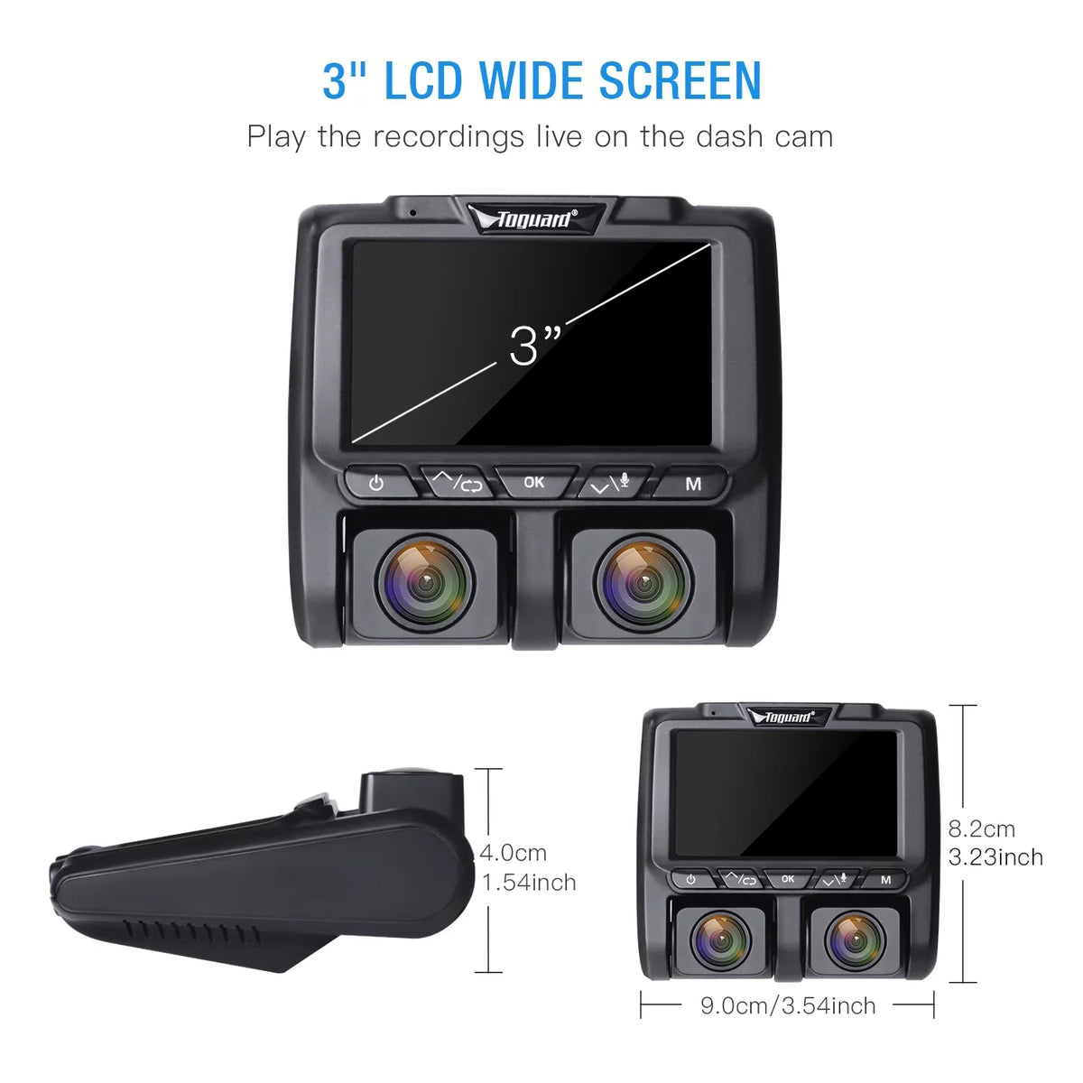 Full Dash TOGUARD Black HD LCD Camera 3" and Car Dashboard Dual Dash Cams 1080P+1080P Inside Camera Cam, Front