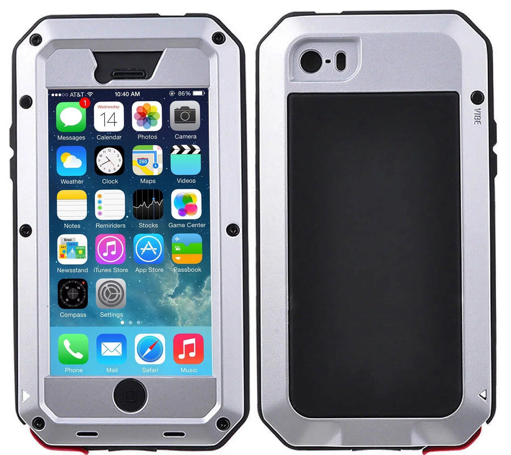 Aluminum Rugged Military and Metal Gorilla Scratch iPhone Glass Heavy exterior Travel Resistant Shockproof 5 Grade Protection, Case (Silver) Duty