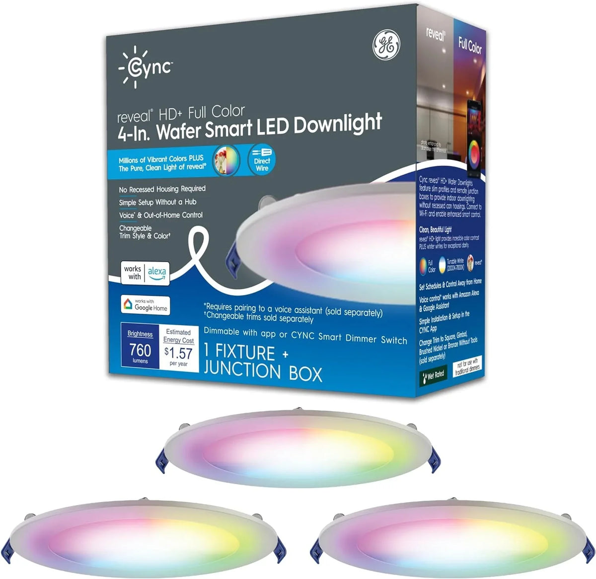 (3 Color Pack) Reveal 4 Changing Smart Lights, Fixture, , HD+ Alexa CYNC LED 13 and Full LED Inches and with Watts, Wafer Downlight Amazon Works Lights, YGDU