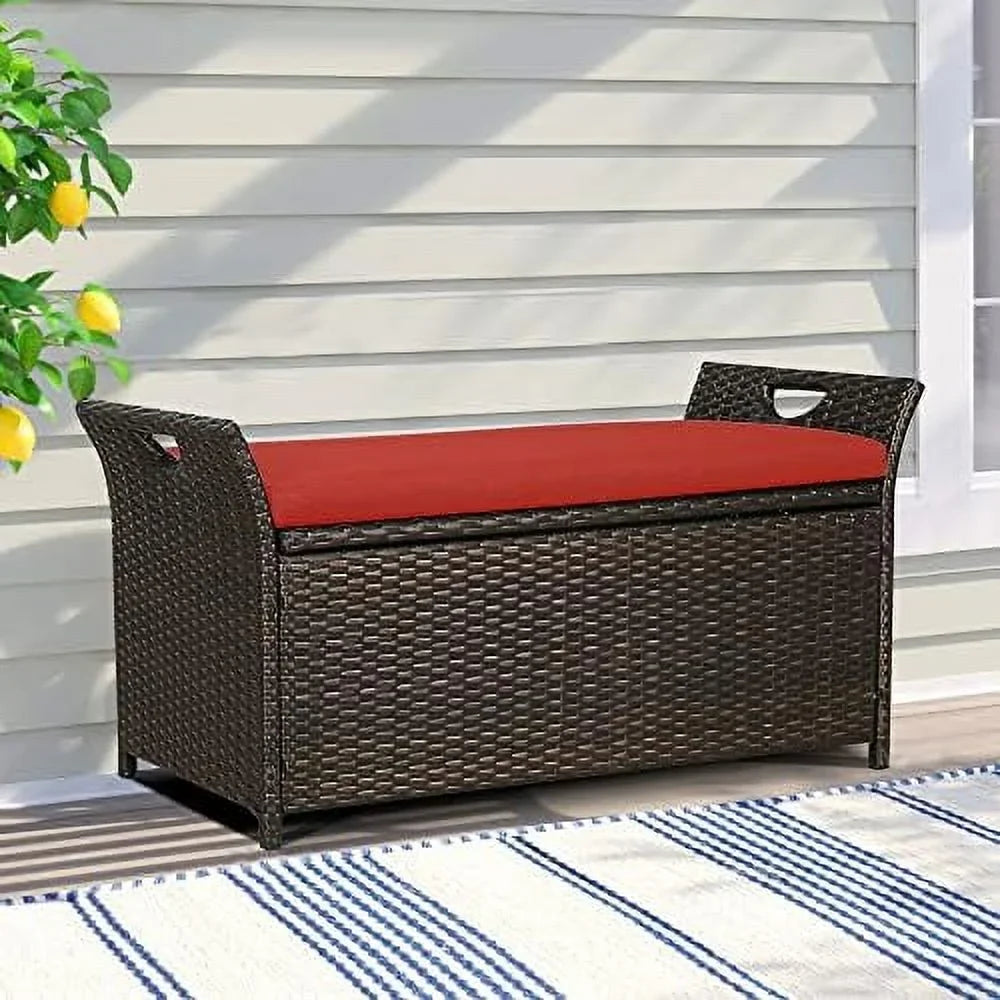 Deck Bench Patio Wicker YPZBBOOM Bins Rattan Box with exterior (Red) Cushion