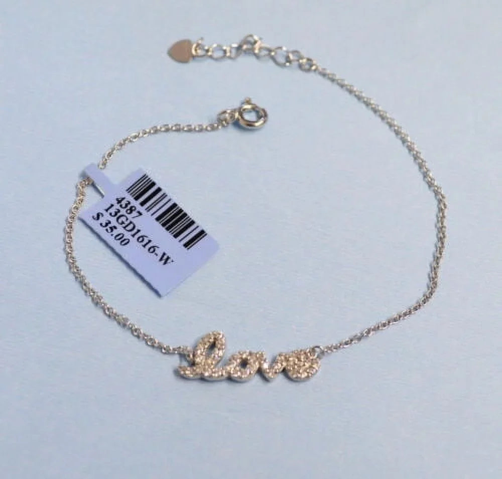 w/ Chain Plated Cubic Bracelet WHITE Silver LOVE CZ Gold Adjustable Zirconia Sterling