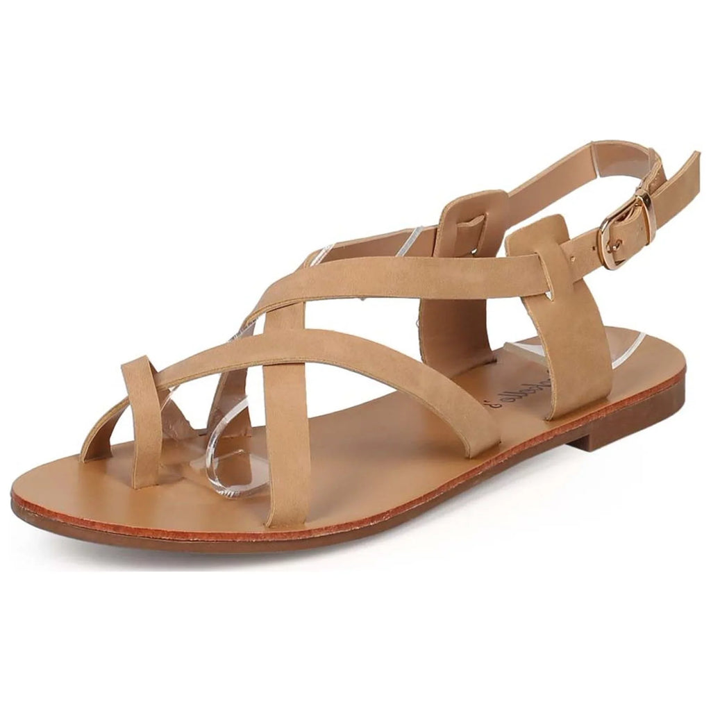 Kiera-04 Criss Cross (Natural, Breckelles Natural Slingback 5.5) Ring Toe Sandals Leatherette
