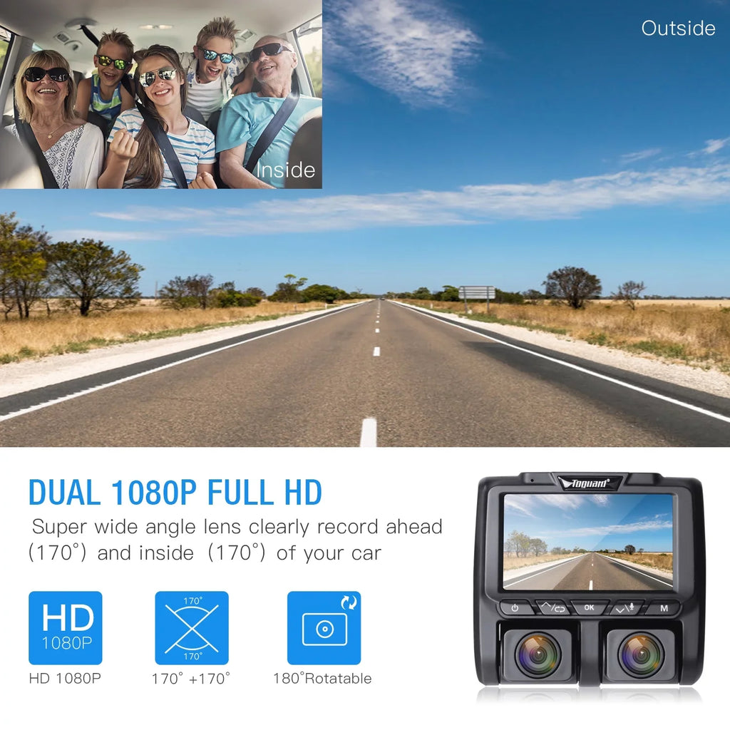 Full Dash TOGUARD Black HD LCD Camera 3" and Car Dashboard Dual Dash Cams 1080P+1080P Inside Camera Cam, Front