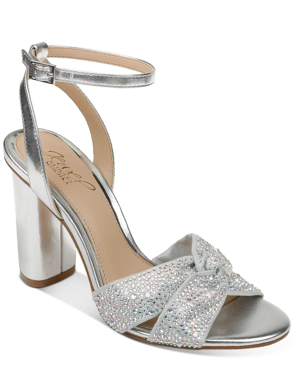 Metallic outfit Heel Silver Round M Sandal Womens Buckle Strap Heeled Strap Adjustable 7.5 Strap BADGLEY Block Nicoline Toe JEWEL MISCHKA Padded Ankle Rhinestone Twisted