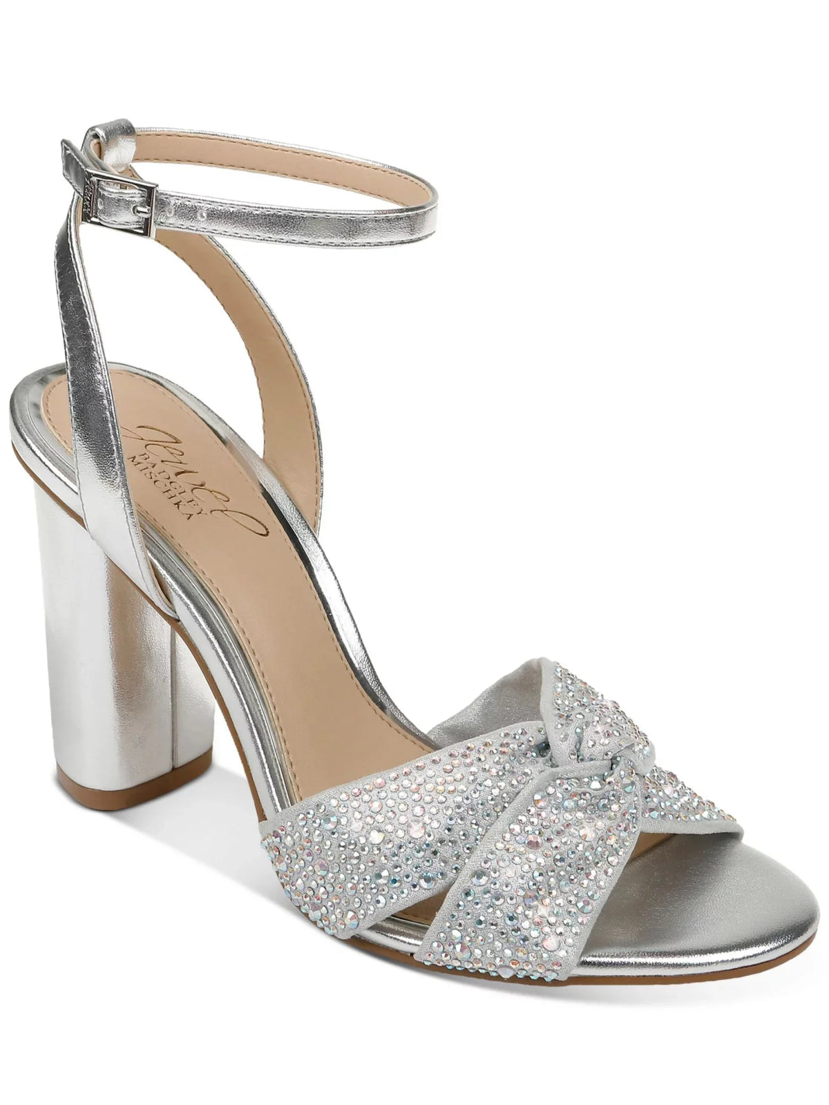 Metallic outfit Heel Silver Round M Sandal Womens Buckle Strap Heeled Strap Adjustable 7.5 Strap BADGLEY Block Nicoline Toe JEWEL MISCHKA Padded Ankle Rhinestone Twisted