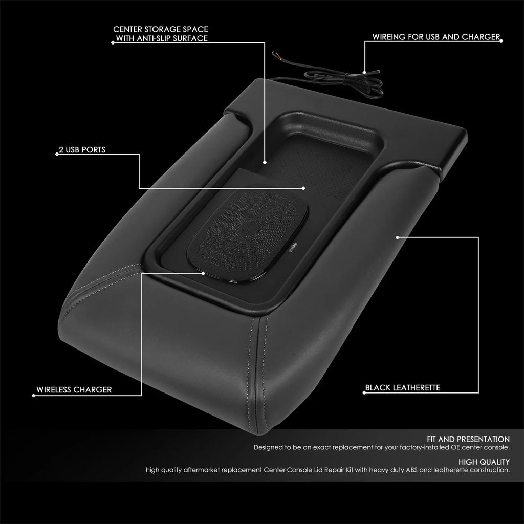 GECS-005-GY Escalade Truck Armrest Ports Repair with 2007 DNA Motoring Black Pickup Wireless Lid 2001 For USB Kit & Sierra to Charger Console Center