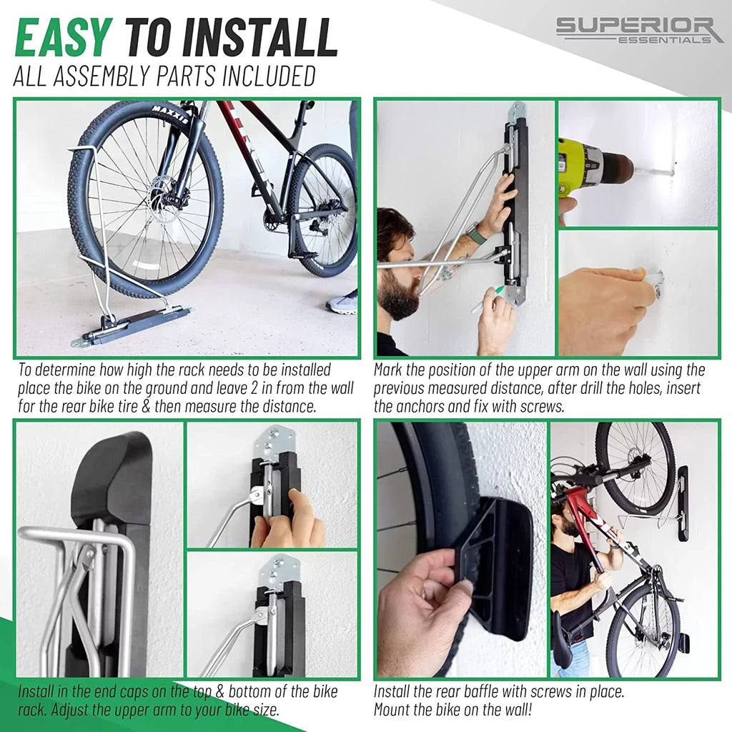 Bike Vertical Detach, - Easy Foldable (Black) 180-Degree Top-Notch with Garage Superior Essentials - to Bike Bike Hang Maximize Our for Swivel Rack Space Swing, Your Wall Garage and Hangers Mount