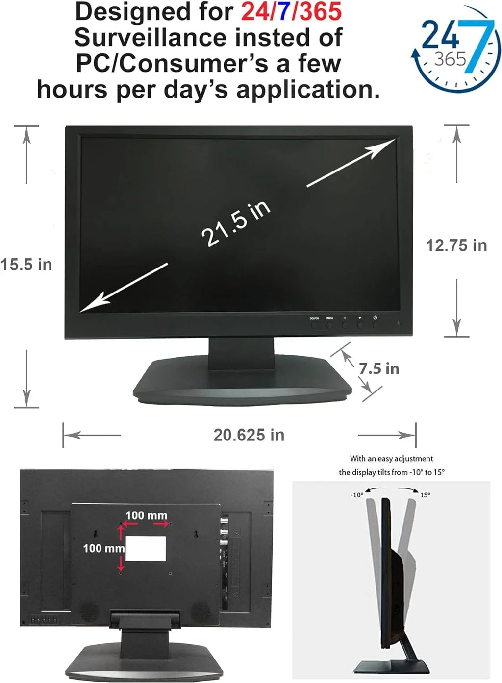Monitor 1x Office 101AV HDMI BNC 2X Security Inputs HD 21.5 DVR Home HD-TVI,AHD,CVI/CVB LED Surveillance Analog System Inch 16:9 CCTV & Video