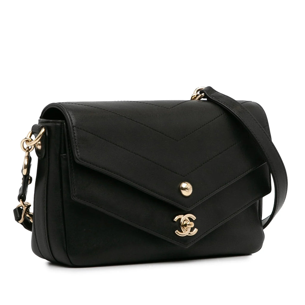 Pre-Owned Black (Good) Elaphe Flap Authenticated Chevron Double Satchel skin Leather Calf Unisex