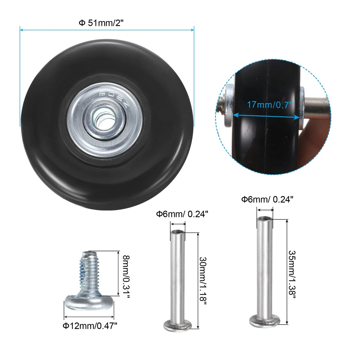 Black, Replacement Uxcell for 51 x Suitcase, Luggage mm/2" 17 x Wheels 2 0.7" Set