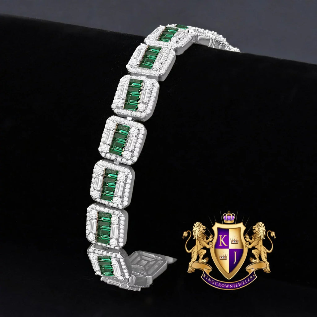 Green Link Bracelet Genuine Diamond Simulated Tennis 35+Grams Unisex Silver Real 8.5'' Emerald Baguette Sterling White Gold