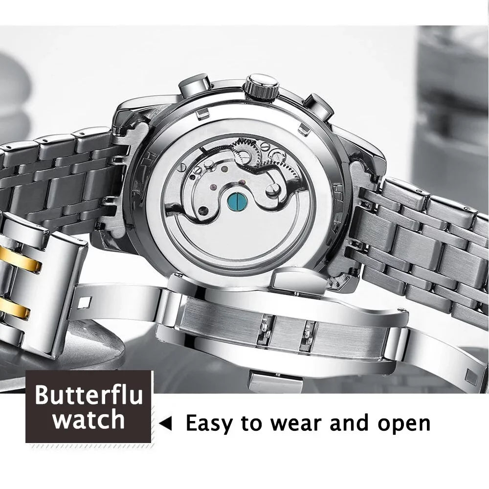 POEDAGAR Men Chronograph New Automatic Wristwatch Top Clock Men Brand Luxury Mechanical Watches Genuine Leather Sports