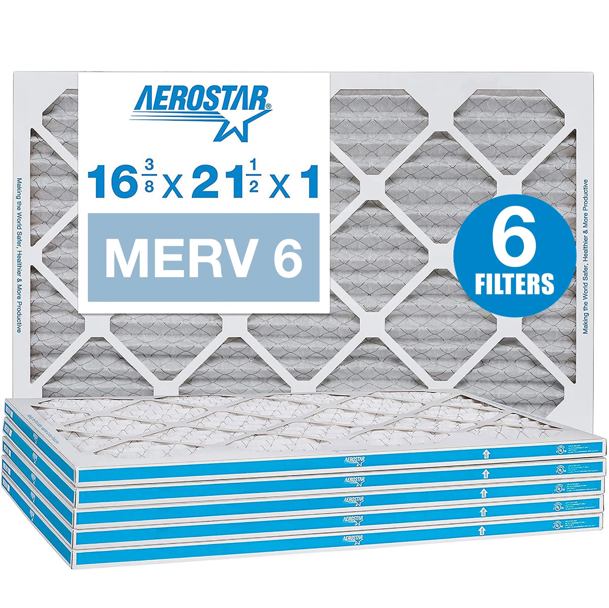 1/2 3/8 6 Furnace Filter, 1 x 16 Filter, AC Pack 6 Air x MERV Pleated Aerostar Air 21