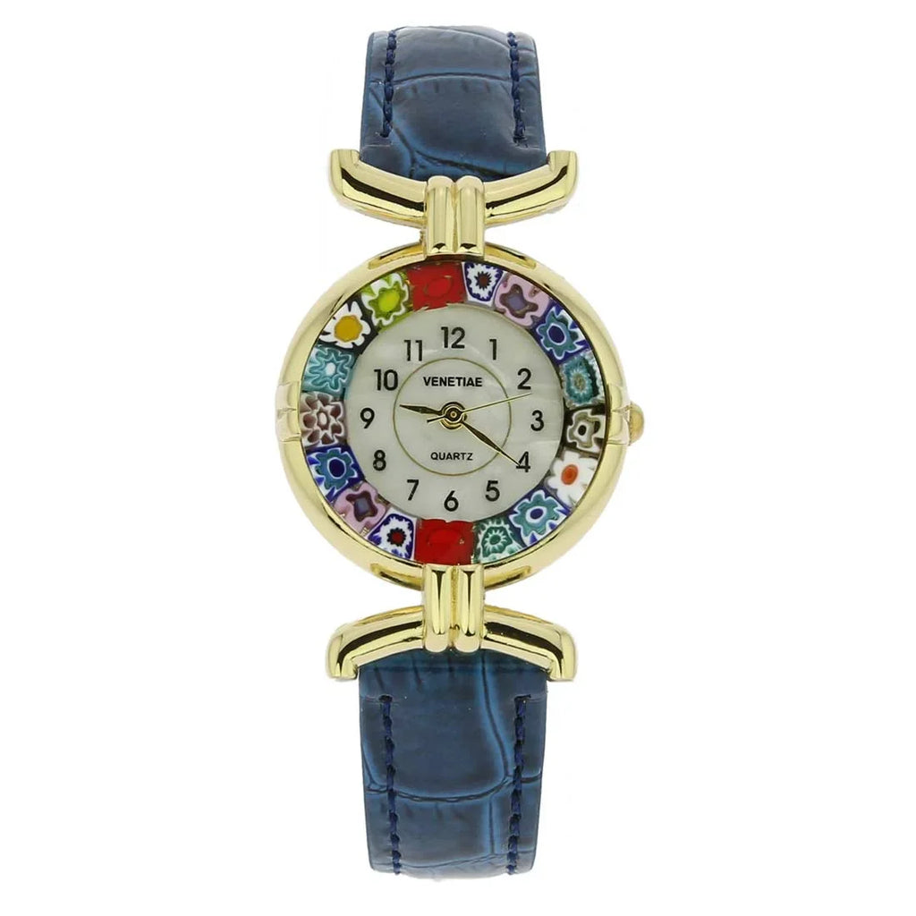 Glass Blue GlassOfVenice - Murano Millefiori Band Watch Leather with Multicolor