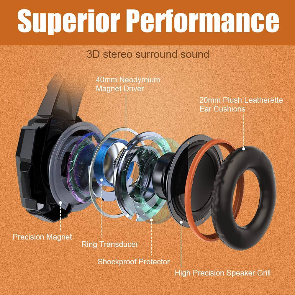 Over One Soft Bass Gaming Xbox PC, for Memory with G9000 Cancelling Noise Mic, Headset Controller, Surround, PS4, Headphones Ear Earmuffs Light, LED Stereo (Orange) BENGOO