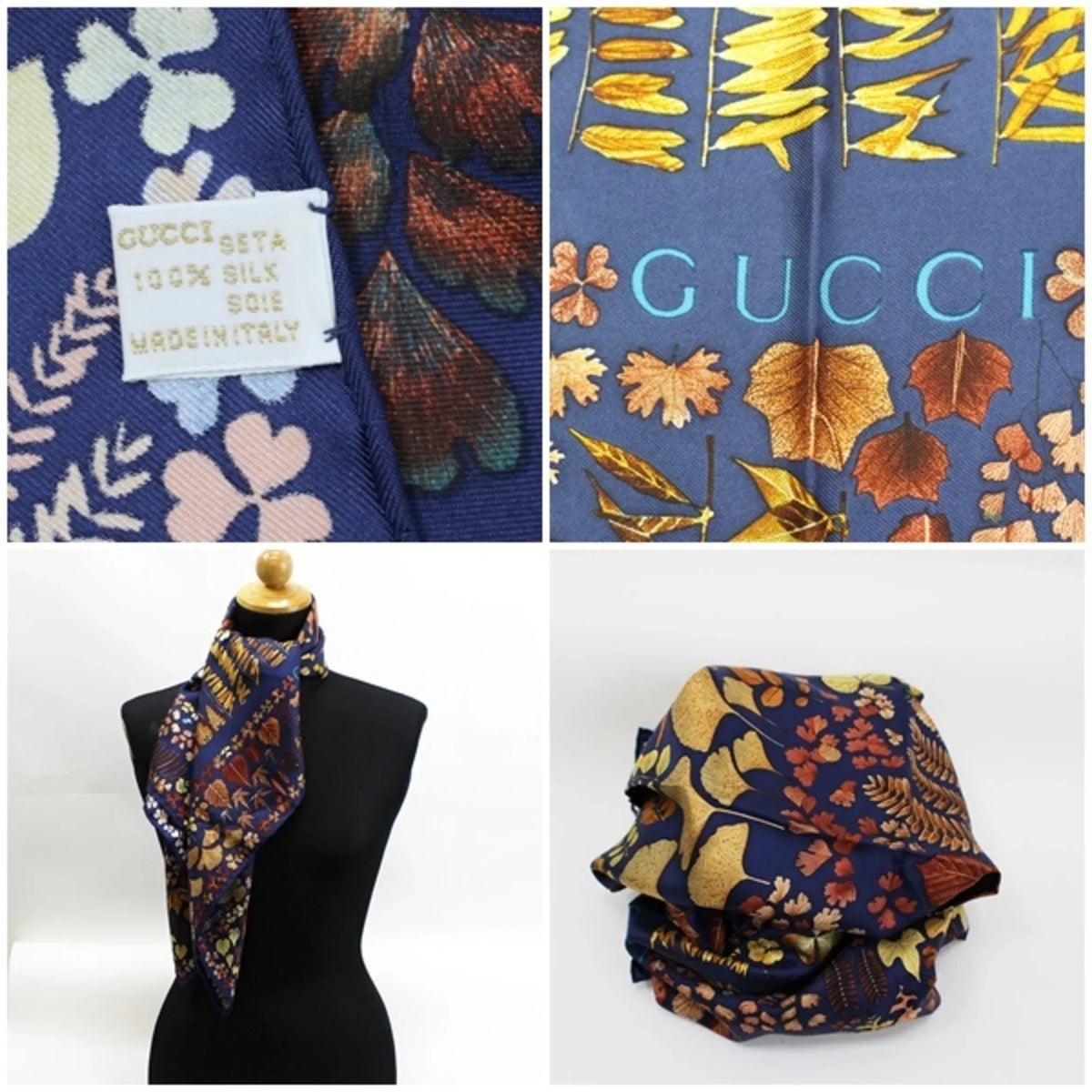 Brown Leaves Pre-Owned Navy (Good) Muffler Silk Fallen Ladies Pattern Scarf x