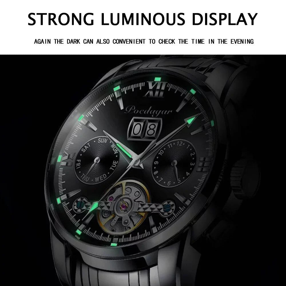POEDAGAR Men Chronograph New Automatic Wristwatch Top Clock Men Brand Luxury Mechanical Watches Genuine Leather Sports