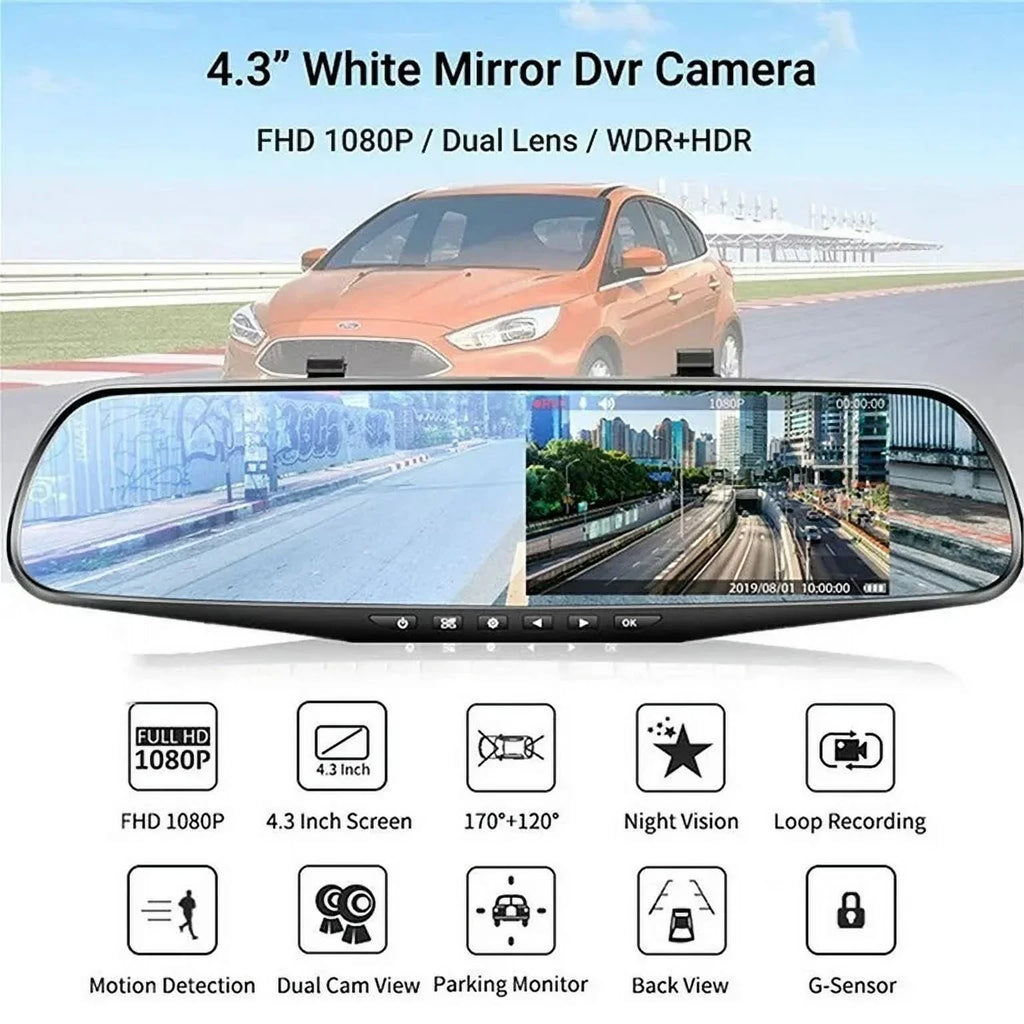 Rear Rearview Cam Car Car Lens Monitor, 4.3" Front Dash Motion Cars Parking Trucks, Night Camera G-sensor, 170°Wide Cam Monitor, Detection Dual Mirror Vision, 1080P Angle DVR for