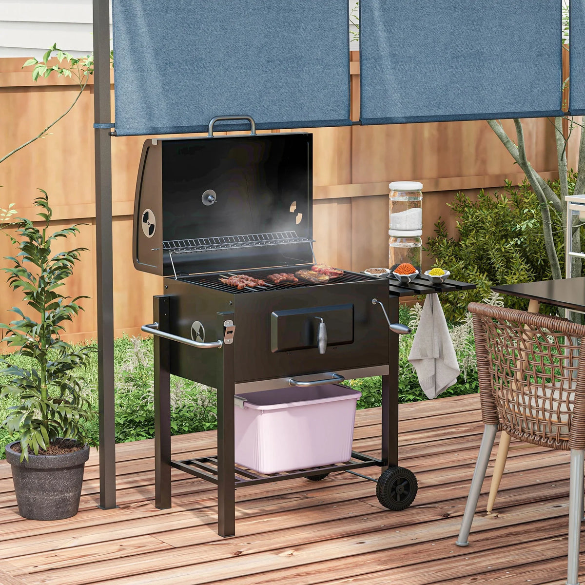 Charcoal Grill, Picnic Camping Storage Handle, Homiyad Wheels Portable Cooker for Bottom exterior Shelf, Backyard Side and Or BBQ Table, Black with