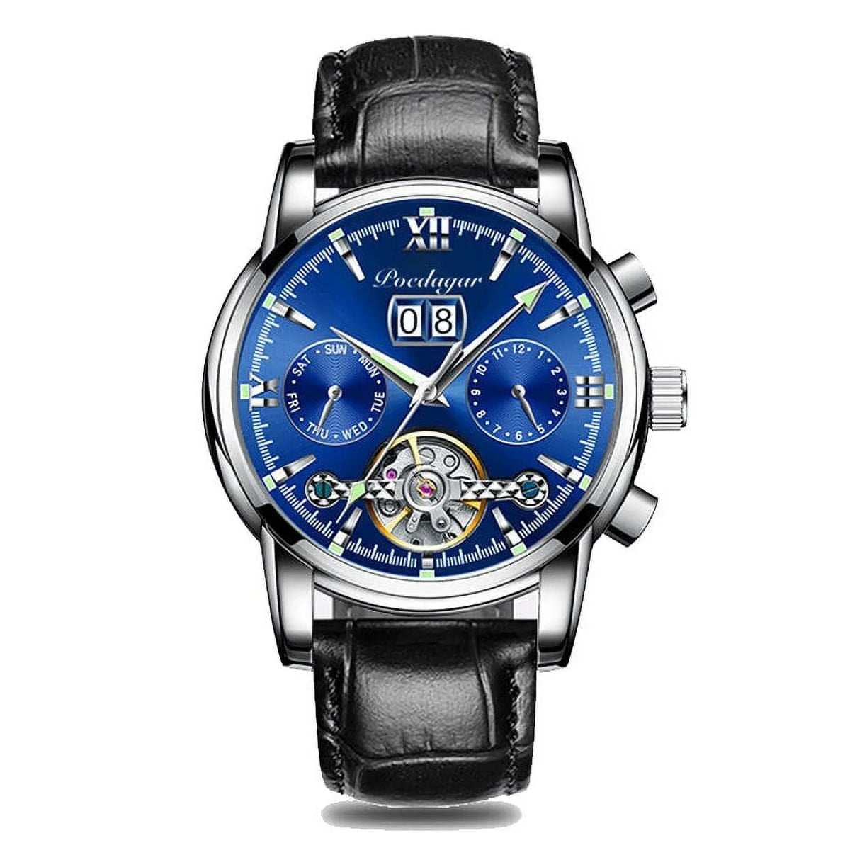 POEDAGAR Men Chronograph New Automatic Wristwatch Top Clock Men Brand Luxury Mechanical Watches Genuine Leather Sports