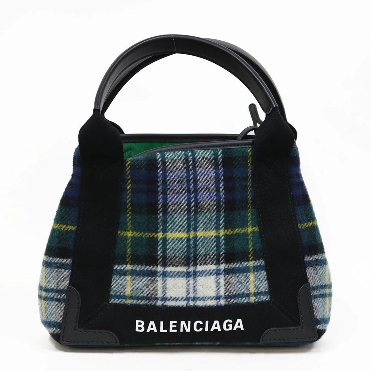 Women's Small Pre-Owned Plaid Navy Men's (Fair) Green Balenciaga Cabas Handbag