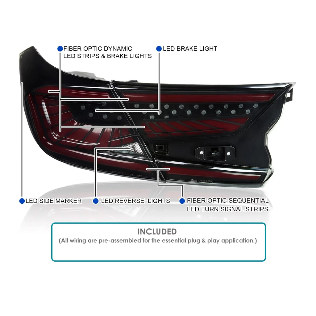 Tuning Tail Right Sedan + Honda Red with Left Dynamic Light Smoke Compatible 4Dr Accord with Lights Assembly Housing Pair LED Sequential Spec-D Lens 2018-2022 Bar Black