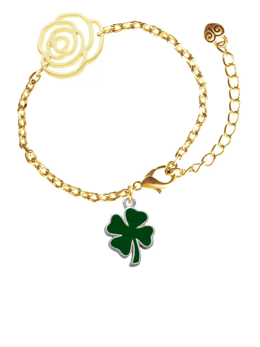 Chain Delight Bracelet, Silvertone Two Four Sided 6.75"+2" Gold-tone Flower Leaf Clover Link Enamel Extender Lucky Green Jewelry