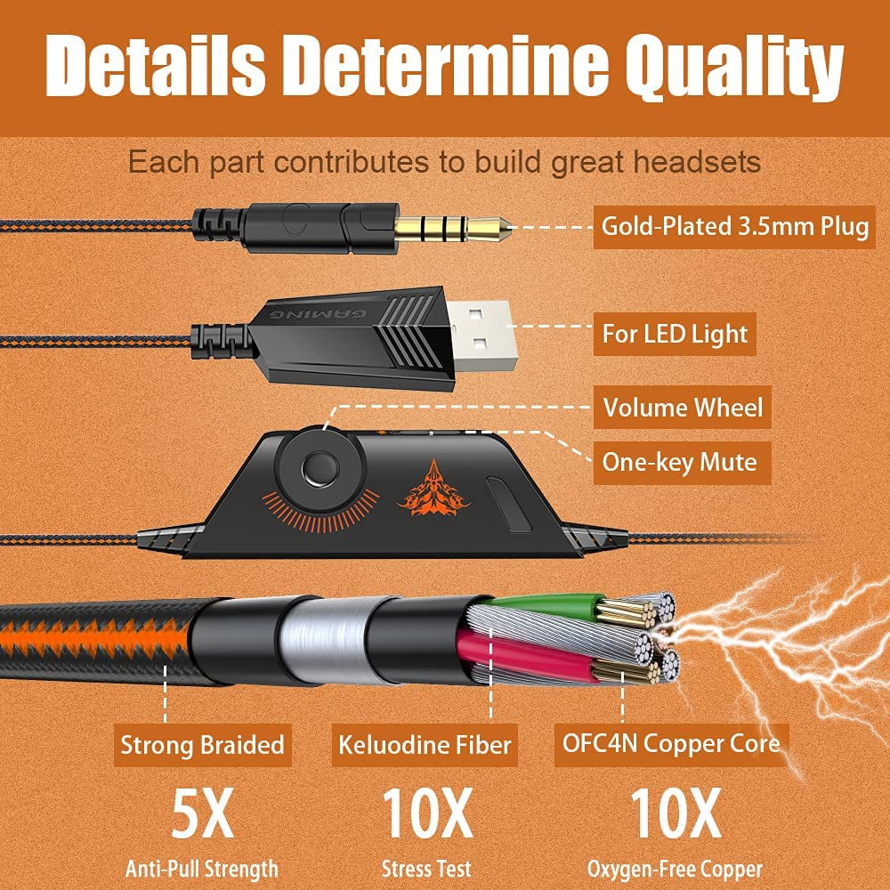 Over One Soft Bass Gaming Xbox PC, for Memory with G9000 Cancelling Noise Mic, Headset Controller, Surround, PS4, Headphones Ear Earmuffs Light, LED Stereo (Orange) BENGOO