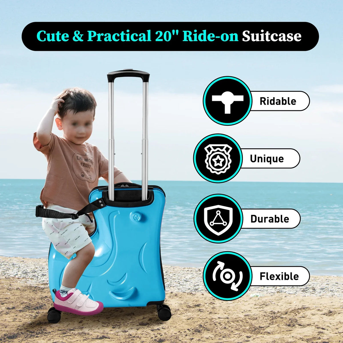 Horse Blue Kids 20" Kids Travel Shape Spinner Suitcase, Wheels Luggage Ride Trolley Suitcase AIQIDI Portable On