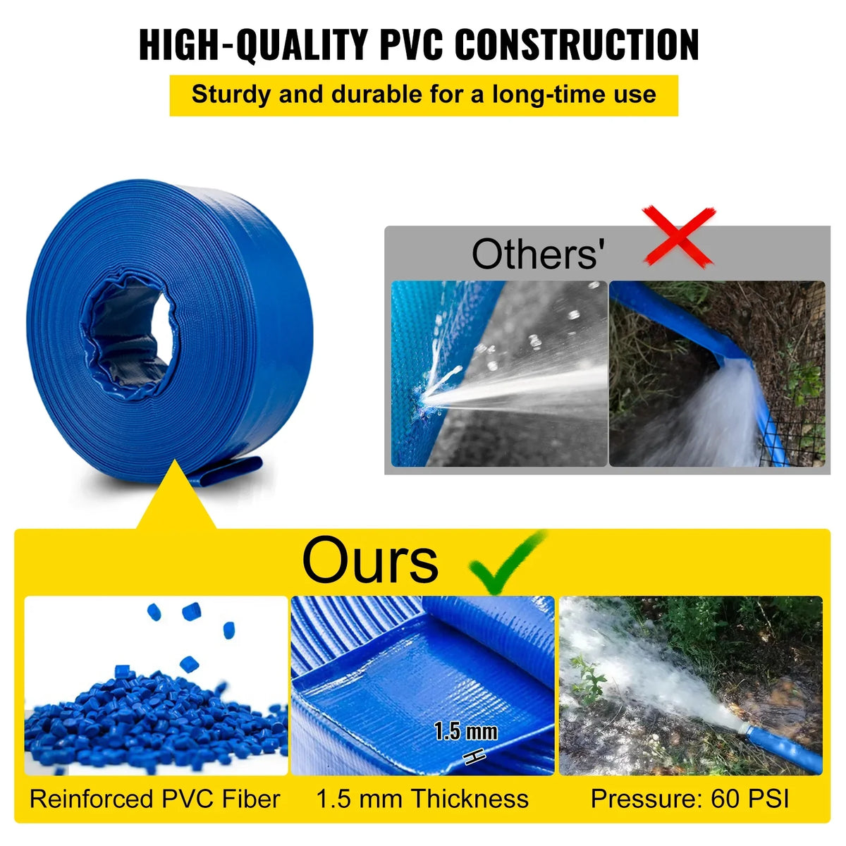 Clamps, Hose x Hose, Transfer Duty Burst-proof, Pool for climate-proof & 1-1/2" 105', Ideal Fabric Lay BENTISM liquid Backwash Heavy with Swimming Drain Discharge Flat PVC Hose, &