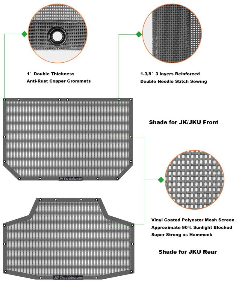 JKU Bag-10 Unlimited Years Mesh Shade Warranty Sunshade Shadeidea (2007-2018) Jeep Screen Sun Blocker & JK Front UV Top Rear-Gray Wrangler 4-Door with Cover Grab