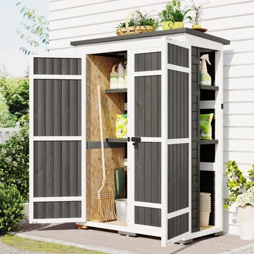 Garden Tool Shelves, Hx4.1ft White Doors, L Shed, 5.5ft Asphalt Four exterior Storage Waterproof Multiple-tier Roof, and with Cabinet Wood Gray Lockable