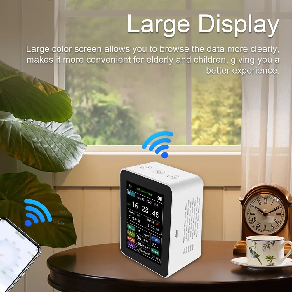 Wifi App Co2 Alarm grade Viewing Intelligent Sets Time Display Mobilephone Week 6 Date Temperature Desk Remotes Indoor 2 1 In Home Tvoc Air Clock Detector Hcho Detector Pm2.5 Humidity