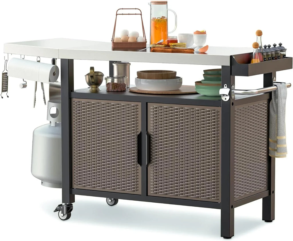 Island SUSIMOND with Stainless for Indoor Worktable Countertop, Wheels Table Cabinet Storage Side and with Rolling 53-Inch Steel Cart Dining Kitchen XL Shelf exterior