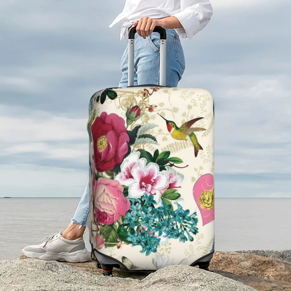 Zipper Rose Cover Print Bird Luggage inch Washable with Elastic Protective -Medium Suitcase Hidden Fits and 18-32 Easygdp Butterfly